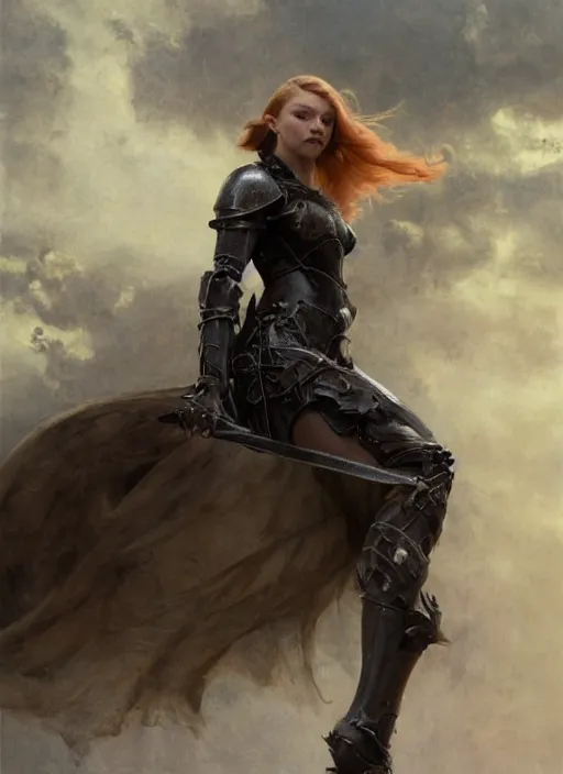 Image similar to redhead natalie dormer wearing black medieval armour, bare legs, detailed, by gaston bussiere, bayard wu, greg rutkowski, giger, maxim verehin, greg rutkowski, masterpiece, sharp focus, cinematic lightning