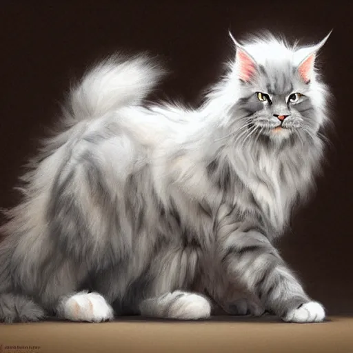 Image similar to a big old menacing dark grey maine coon cat with white belly, white paws and white face markings with long fur and fluffy tail, sitting, intricate, elegant, highly detailed, digital painting, artstation, concept art, matte, sharp focus, illustration, art by Artgerm and Greg Rutkowski and Alphonse Mucha