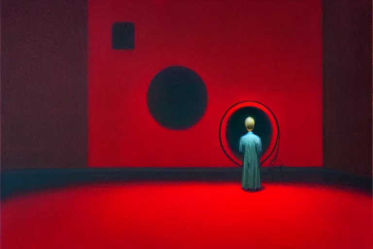 Image similar to only with red, netflix studios with workers at work, a big mickey mouse head in the middle, in the style of beksinski, parts by edward hopper, parts by rodcenko, parts by yue minjun, intricate and epic composition, red by caravaggio, insanely quality, highly detailed, masterpiece, red light, artstation, 4 k