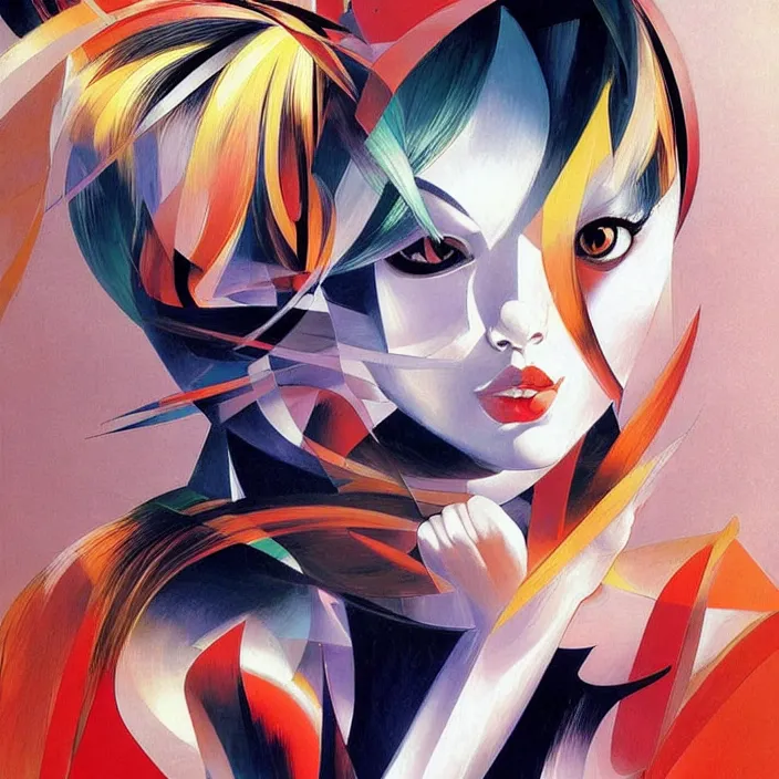 Image similar to abstract portrait of a hyperbeautiful catgirl, geometric, anime style, caravaggio, syd mead