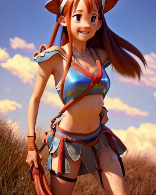 Image similar to weta disney pixar movie still pinup photo of asuna from sao : : as sunburnt cowgirl village woman by pixar : : by weta, greg rutkowski, wlop, ilya kuvshinov, rossdraws, artgerm, marvel, maxim cover, latex, octane render, sweaty, iridescent, bright morning, anime, liosh, mucha : :