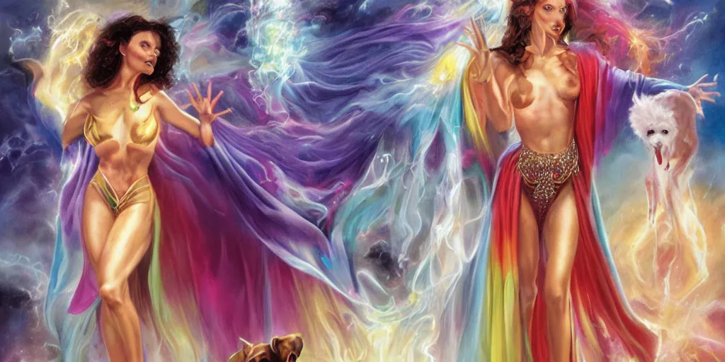 Prompt: Magic sorceress with rainbow sparkling robe, creepy dogs, Boris Vallejo, Julie Bell, Artgerm