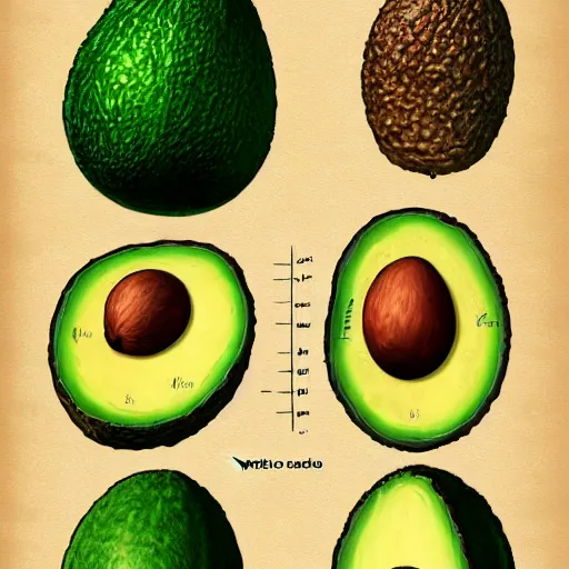 Image similar to anatomy of a avocado, da vinci notes, ultradetailed, anatomy study, artstation