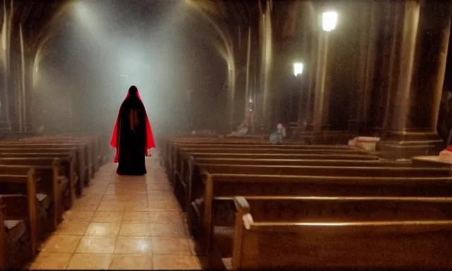 Image similar to a cultist ceremony, cultists with robes and masks, church interior, satanic church interior, the fog. horror lighting, found footage