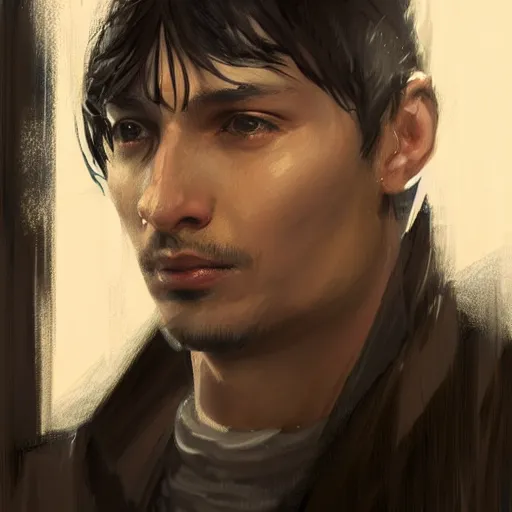 Prompt: portrait of a man by greg rutkowski, he is about 3 0 years old, short black hair with bangs, his features are peruvian, very tall and slender, he is wearing a beige and black utility jumpsuit, highly detailed portrait, digital painting, artstation, concept art, smooth, sharp focus ilustration, artstation hq