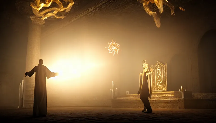 Image similar to ! dream an occult priest performs demonic ritual to summons monsters with magic and a glowing sigil in a fantastic temple, volumetric lighting, magical lighting, raytracing, dynamic lights and shadows, photorealistic render, digital art, wallpaper