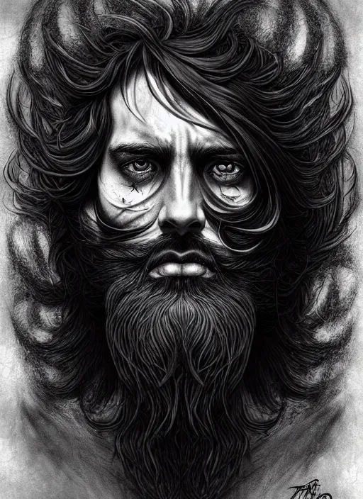 Image similar to a dream portrait of a shy boy with long hair and full beard, black & white, melting, webbing, 8 k, by tristan eaton, stanley artgerm, tom bagshaw, greg rutkowski, carne griffiths, ayami kojima, beksinski, giger, trending on deviantart, face enhance, hyper detailed, minimalist, horror, alien