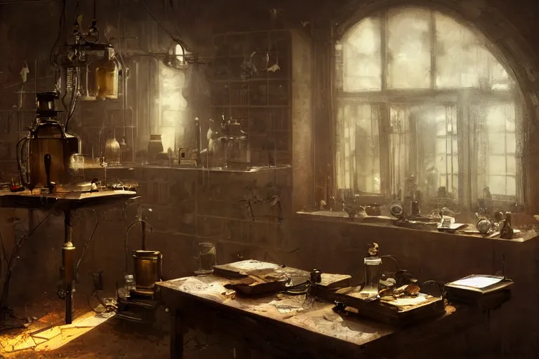 Image similar to a dark steampunk laboratory interior with strange artifacts inside display cases in the late evening with dusty atmosphere lit only by one window, painting 3D by Greg Rutkowski