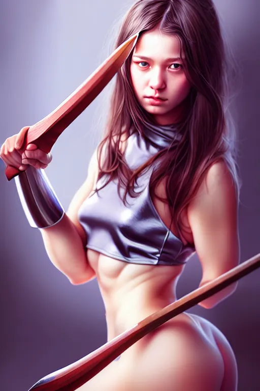 Prompt: Photorealistic hyperrealism woman holding an axe by Artgerm and WLOP, Pixiv