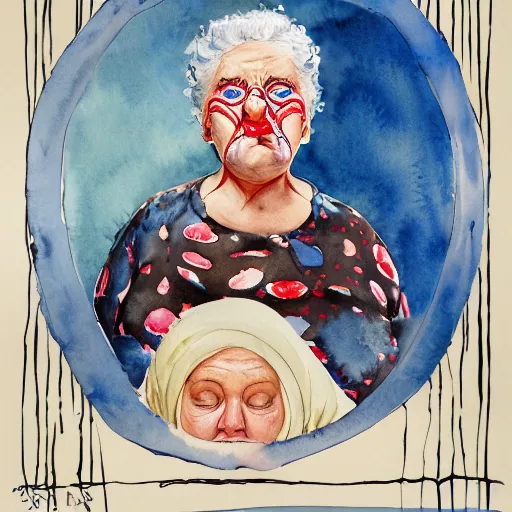 Image similar to a very funny comic style watercolor painting of a sweet fat old woman kissing her reflection. symmetrical face, red mouth, blue eyes. a flowered dress. a hyper - realistic scene. 3 d, octane processing, deep focus, white scene. a very funny and sweet picture. unreal engine. watercolor. fellini cinematic style. poster quality. freud painting style.