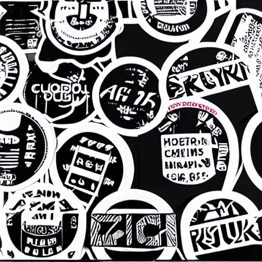 Image similar to black on white graphic design stickers in style of david rudnick, eric hu, y 2 k,