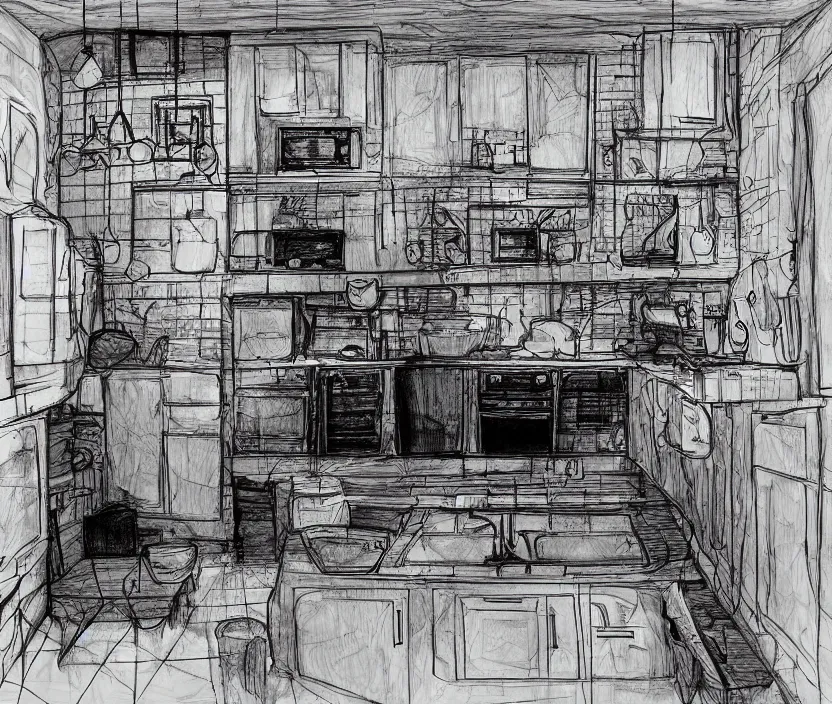 Image similar to An of interior of a kitchen at night, rotoscoped, rotoscope, photoshop, photomanipulation, realism, painting, illustration and sketch, weird scribbles, hybrid styles, hybrid art styles, mismatched, trending on artstation, trending on deviantart, weird, quirky, interesting, very detailed, highly detailed, HD Quality, 4k resolution, 8k resolution, in the style of David Firth, in the style of James Lee, in the style of Drue Langlois,