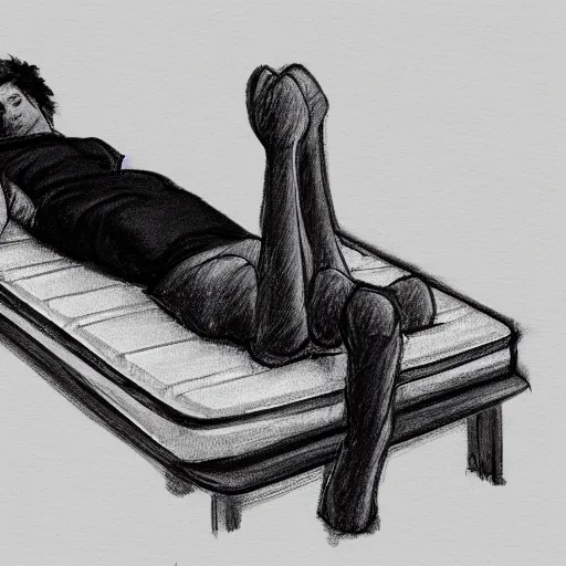 Prompt: sketch of a person who is reclined on a mattress. the person is fully clothed