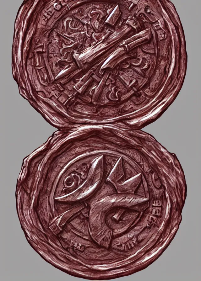 Prompt: a highly detailed 3 d central deep red wax seal with impression of crossed daggers, background parchment envelope, hd, concept art, artstation, deviantart,
