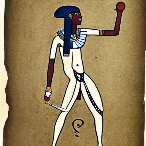 Image similar to Egyptian drawing of a man using a shake weight, ancient, photorealistic