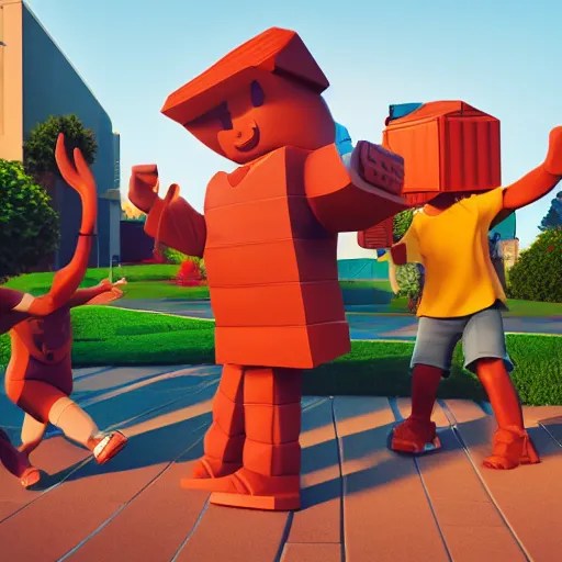 Image similar to highly detailed 3d render of playful kids interacting with roblox figures outside in the sun, box shapes floating all over, bright colors, octane render, insane quality, 8k, 4k, trending, artstation