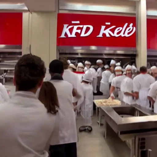 Image similar to gordon ramsay yelling at kfc employees in the kfc kitchen on kitchen nightmares. the employees are lined up and in their kfc uniforms. 4 k broadcast