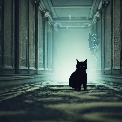 Image similar to a full-body shot of a black void cat with golden glowing eyes at the end of a scary hallway, fairytale, nightmare, hauntingly beautiful, elegant, super detailed, Octane render, reflections