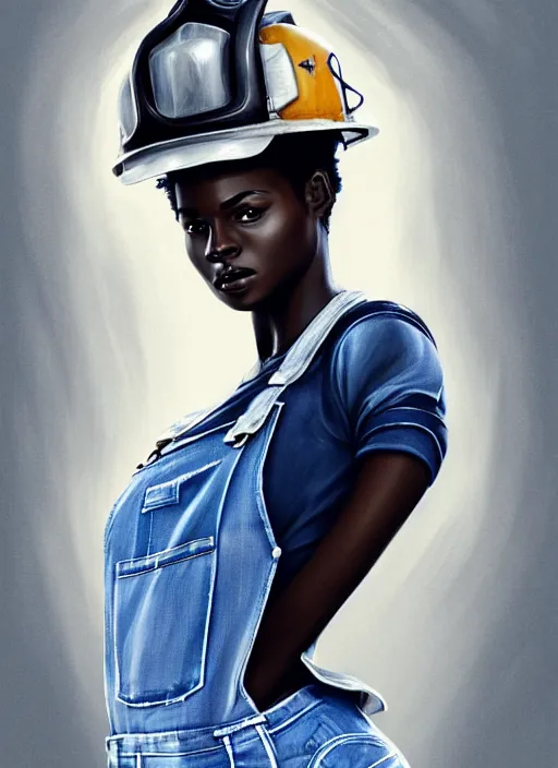 Image similar to full body portrait of beautiful black woman wearing white t - shirt and blue denim overalls, fireman's helmet, intricate, beautiful and elegant, highly detailed, digital painting, artstation, concept art, smooth, sharp focus, illustration, art by wlop, mars ravelo and greg rutkowski