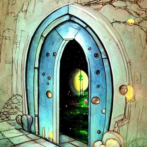 Image similar to gate portal with another world visible inside in studio ghibli style, dreamy, mystical, dark