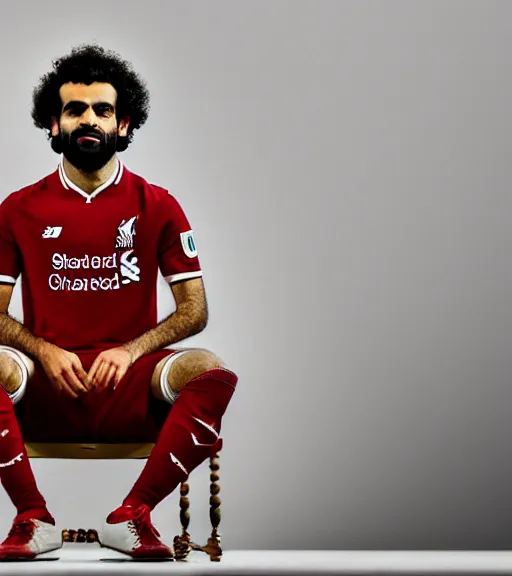 Image similar to A beautiful photo of Mo Salah the king sitting on his throne, award winning photography, sigma 85mm Lens F/1.4, perfect faces, cinematic shot, photorealistic, 8k