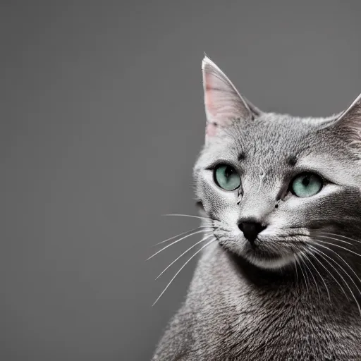 Image similar to portrait of an antropormorphic gray cat using with clothes, (EOS 5DS R, ISO100, f/8, 1/125, 84mm, postprocessed, crisp face, facial features)