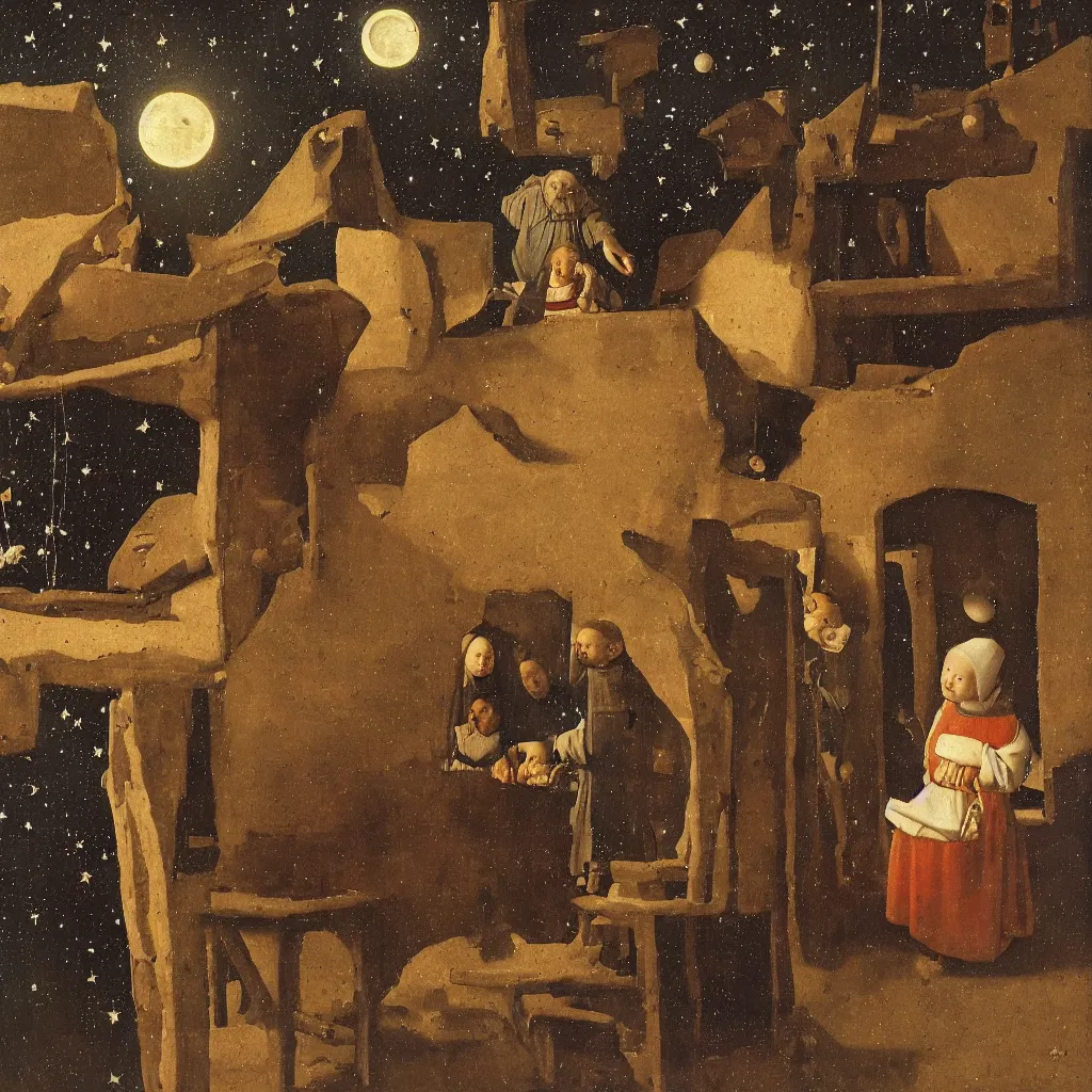 Prompt: The old teacher shows the two boys the constellations on the roof, the moon in the starry sky, medieval painting by Jan van Eyck, Johannes Vermeer, Florence