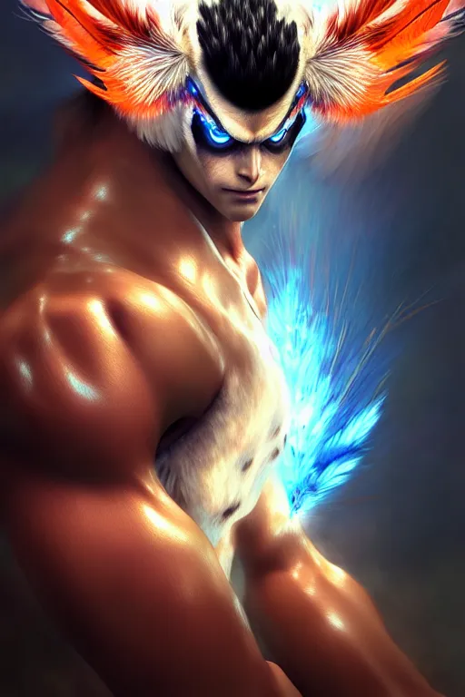 Image similar to Tekken 4 fighter anime Stunning Portrait Robot Owl with feathers, versus Kazuya Mishima, digital painting, artstation, concept art, soft light, hdri, smooth, sharp focus, illustration, art by tian zi, craig mullins, Mark Arian, WLOP, alphonse mucha