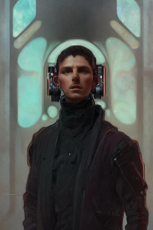 Prompt: a full body portrait oil painting illustration of an man by Justin Sweet and Greg Rutkowski and Alphonse Mucha with face and body clearly visible, techwear, futuristic, cyberpunk, artstation trending, high quality, sombre mood, artstation trending, abstract colours, no crop, entire character!,