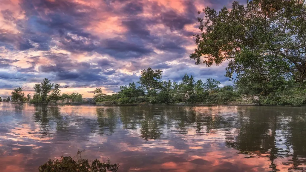 Image similar to tranquil mesmerizing calm lake at sunset detailed, 8k, mesmerizing, low saturation, high resolution