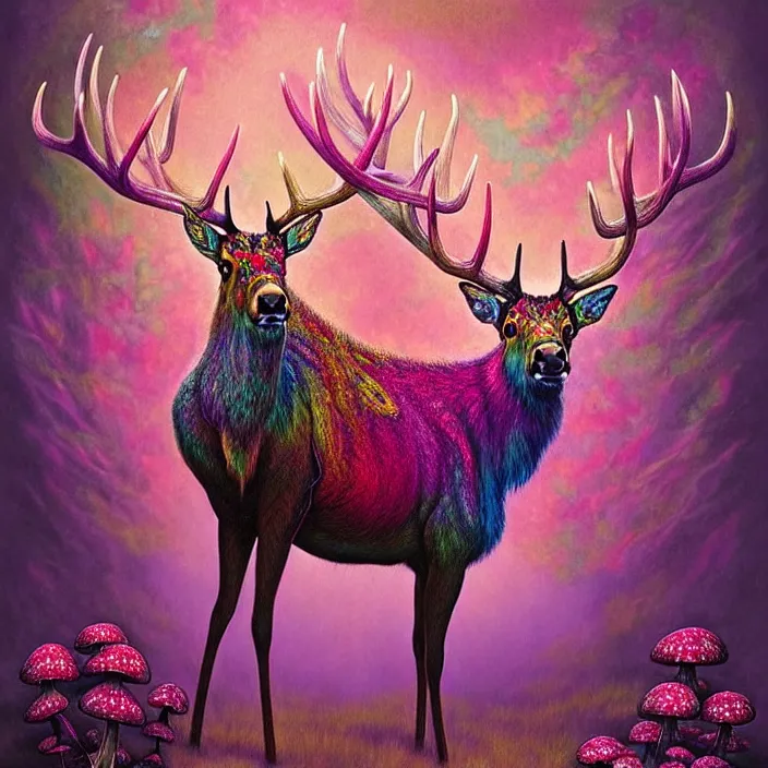 Prompt: extremely psychedelic elk made of orchid and cherry blossom tree and mushroom, LSD, diffuse lighting, fantasy, intricate, elegant, highly detailed, lifelike, photorealistic, digital painting, artstation, illustration, concept art, smooth, sharp focus, art by John Collier and Albert Aublet and Krenz Cushart and Artem Demura and Alphonse Mucha