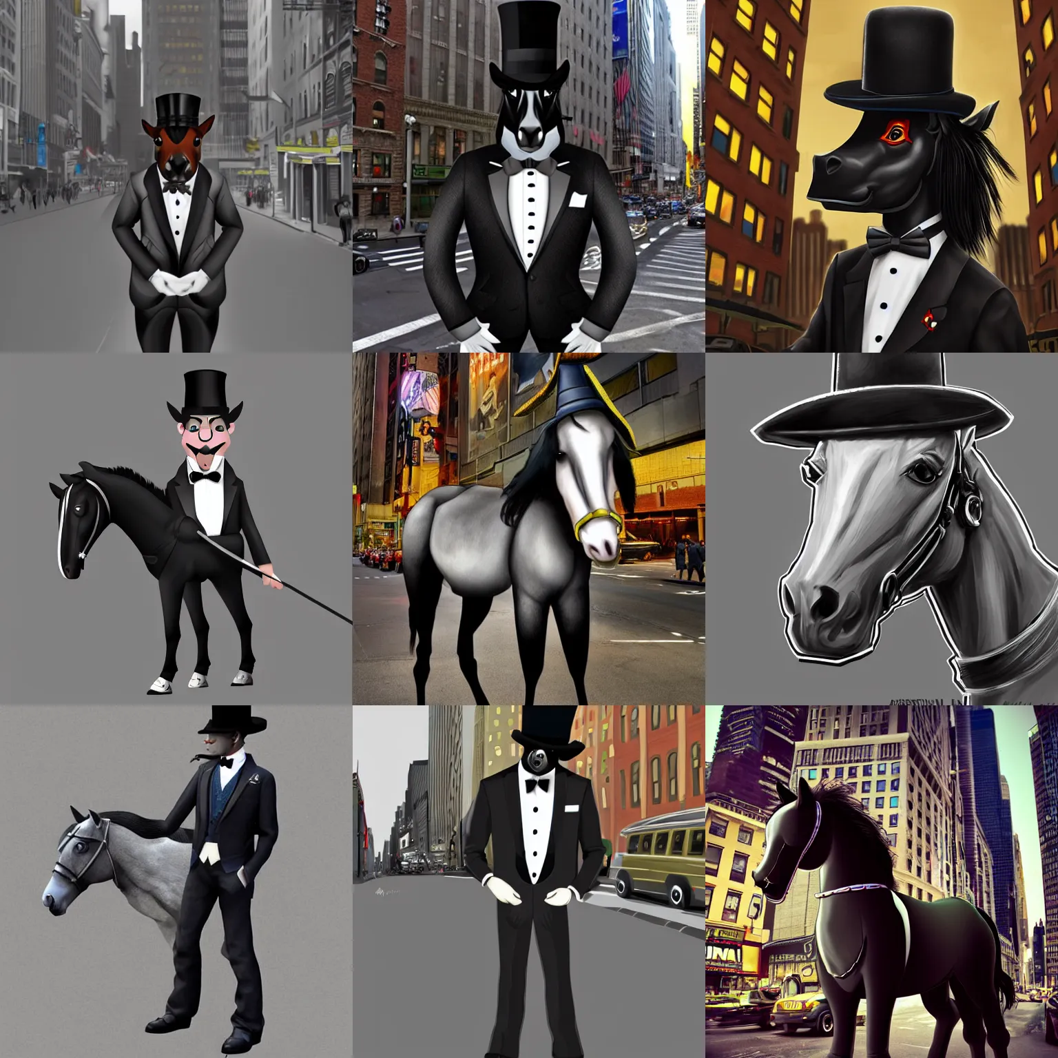 Prompt: a gangster horse wearing a tuxedo and bowler hat in downtown new york. trending on artstation, highly detailed award - winning digital art