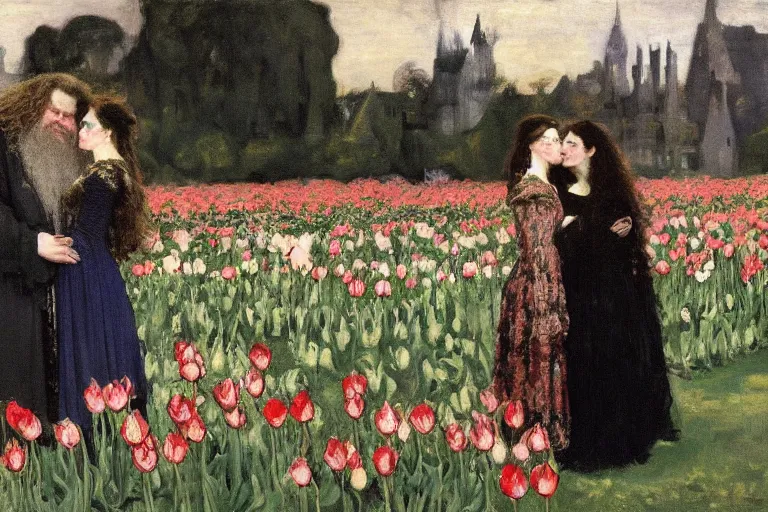 Image similar to hagrid the viking and morticia addams kiss in a field of tulips, masterpiece, highly detailed, oil on canvas, art by walter sickert, john singer sargent, and william open