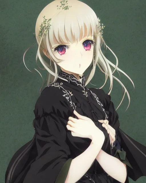 Image similar to victorique de blois anime girl gosick super detailed green eyes green eyes green eyes green eyes black dress black dress black dress black dress blonde hair by greg rutkowski makoto shinkai aramaki shinji artgerm, cushart krenz key art feminine award winning smile haruko ichikawa, kyoto animation, square enix makoto shinkai mouth