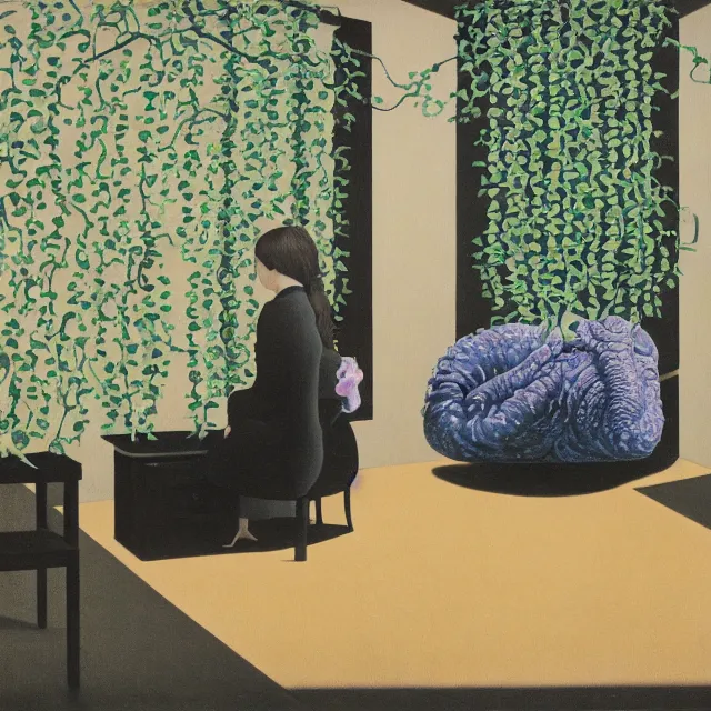 Image similar to a female pathology student in her apartment, wrapped in vines, medical equipment, stepping stones, octopus, pig, black walls, ikebana, black armchair, sculpture, acrylic on canvas, surrealist, by magritte and monet