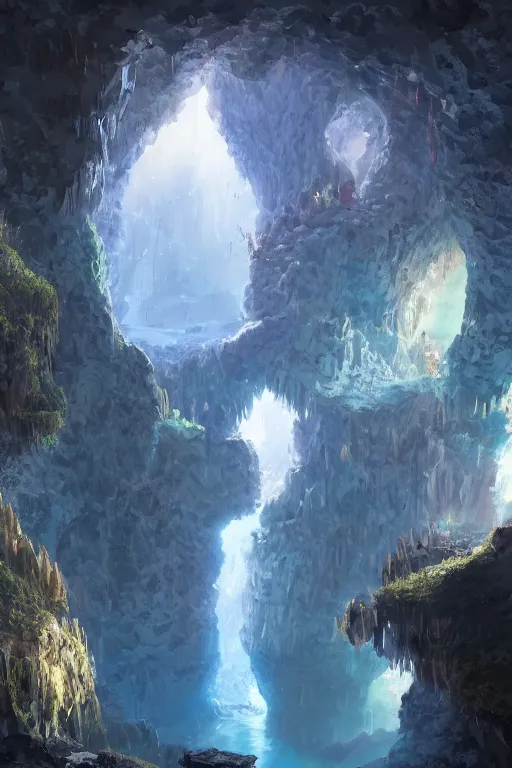 Image similar to beautiful crystal geode in a cavern, landscape, alex ross, eddie mendoza, raphael lacoste, sebastian ludke, concept art, matte painting, highly detailed, rule of thirds, dynamic lighting, cinematic, realism, realistic, photo real, detailed, magnificiant landscape, denoised, centerd