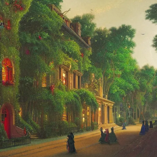 Image similar to many jewel colored hummingbirds with milky eyes hovering around plants in front of a sprawling manor in a renaissance architecture city street at night with rainforest greenery, hudson river school style, illustration, bright colors