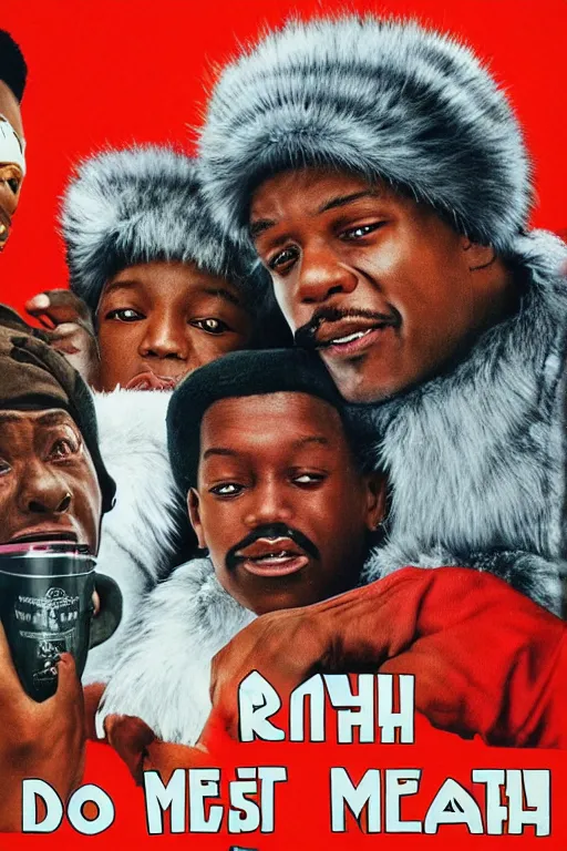 Prompt: poster the movie 1 9 8 8 ussr don't be a menace to south central while drinking your juice in the hood, perfect symmetrical eye, gray fur hat soviet soviet russian winter fur cap with earflaps ushanka, bottle of vodka, bears, kremlin babushka communist