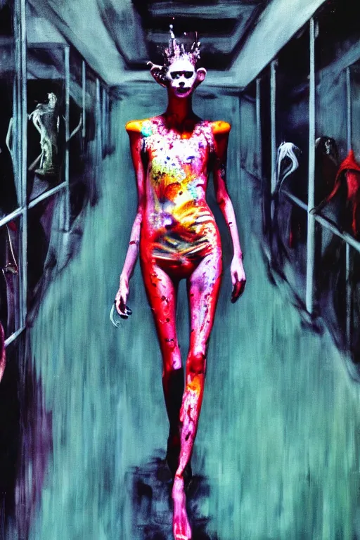 Image similar to crazy fashion catwalk, one model, crazy clothes, biopunk style, horror, clothes look like slime, hauntingly surreal, highly detailed painting by francis bacon, edward hopper, adrian ghenie, gerhard richter, and james jean soft light 4 k,