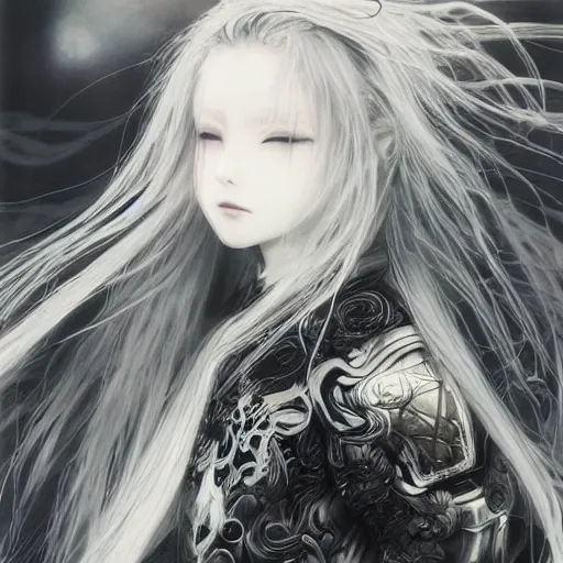 Image similar to Yoshitaka Amano blurred and dreamy illustration of an anime girl with wavy white hair and cracks on her face wearing Elden ring armour with the cape fluttering in the wind, abstract black and white patterns on the background, noisy film grain effect, highly detailed, Renaissance oil painting, weird portrait angle