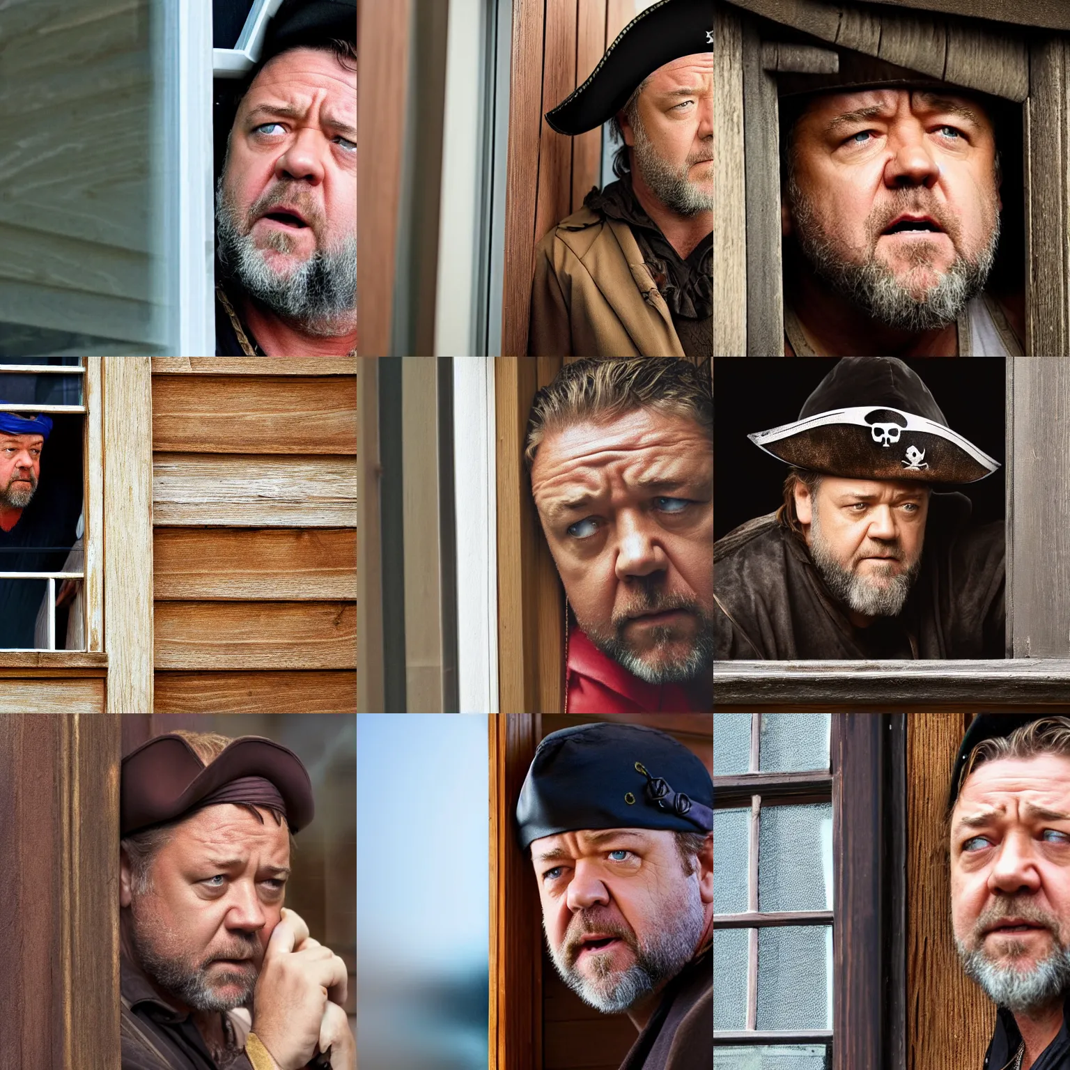 Image similar to concerned russell crowe with pirate hat peering out from a small window, wooden wall