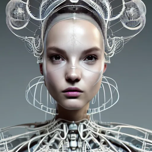 Image similar to closeup portrait of an absurdly beautiful, graceful, sophisticated, fashionable cyberpunk mechanoid gravure idol, an ultrafine hyperdetailed illustration by irakli nadar, matt wisniewski style, intricate linework, porcelain skin, neon jellyfish headdress, fractal ivory carved ruff, unreal engine 5 highly rendered, global illumination, radiant light, detailed and intricate environment