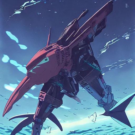 Image similar to aquatic gundam with a shark face, amphibious combat mecha mobile suit holding a scifi weapon, over under shot, cinematic by wayne barlowe, pascal blanche, victo ngai