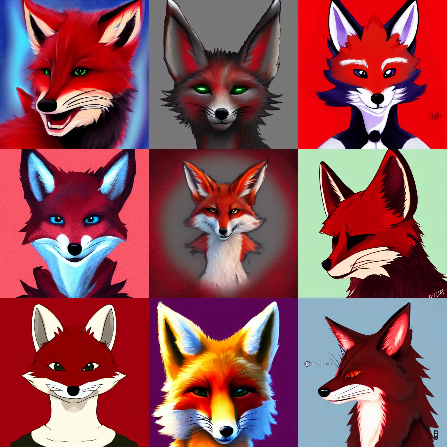 Prompt: furry art, anthro cross fox profile picture, red eyes, commission on furaffinity, high quality digital art, vibrant colors