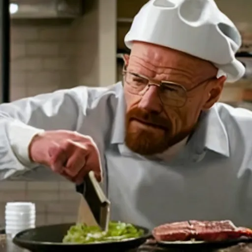 Image similar to walter white cooks a steak, a steak