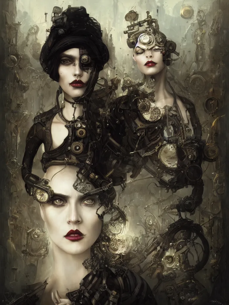 Image similar to a steampunk portrait of a hideous woman with shadowy eyes and bonewhite hair, with black glossy lips, hyperrealistic, award-winning, masterpiece, in the style of Tom Bagshaw, Cedric Peyravernay, Peter Mohrbacher