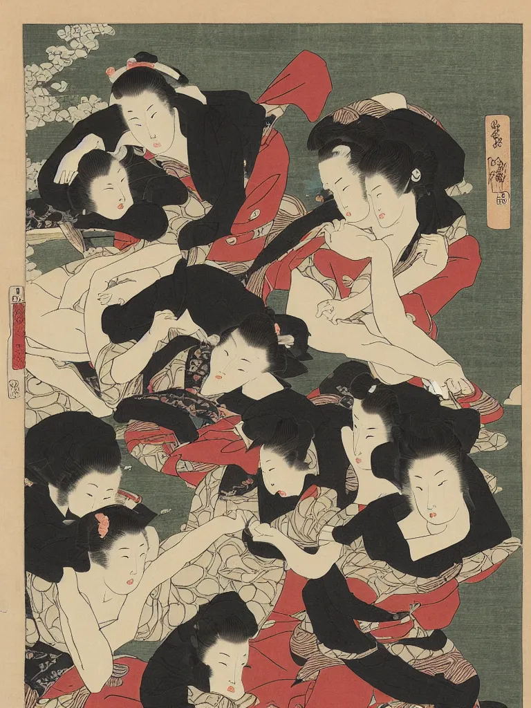 Prompt: Three Women and Three Cats, an ukiyo-e painting by Hokusai