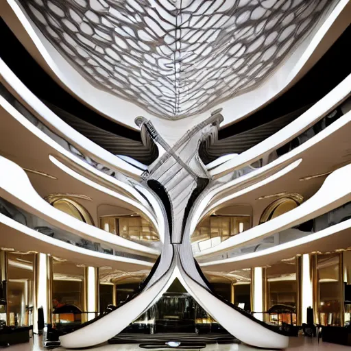 Image similar to extremely detailed ornate stunning beautiful elegant futuristic museum lobby interior by Zaha Hadid