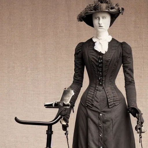 Prompt: close up portrait of a life size victorian female automaton standing in with a bicycle, 8 k, soft lighting, highly detailed realistic, face in focus 1 8 9 0's liminal