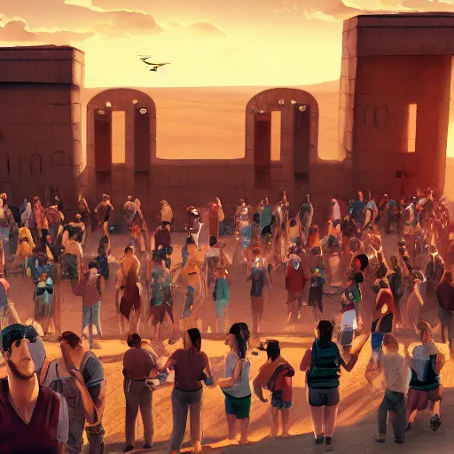 Prompt: large millennial crowd in front of a | prison! locked down government security military gate | in the hot desert trending on artstation digital paint 4 k render